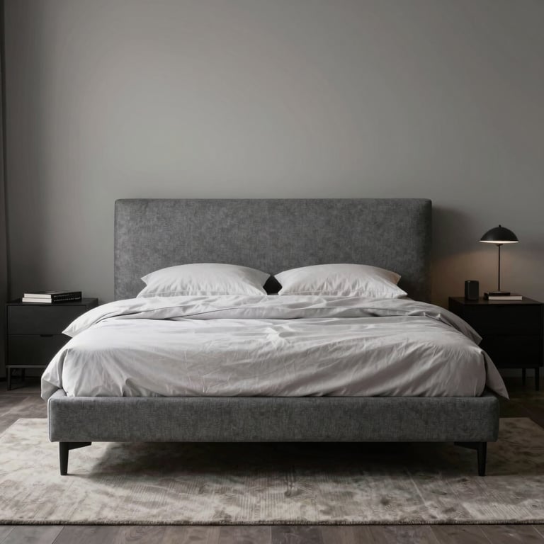 A sophisticated bedroom with a gray upholstered bed and minimalist lighting. Professional photography.