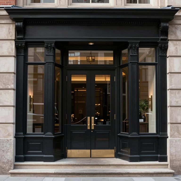 A grand entryway with architectural lines and elegant black decor. North American / International context.