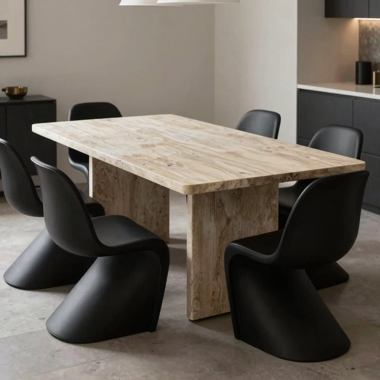 A contemporary dining room with a large stone table and designer black chairs.