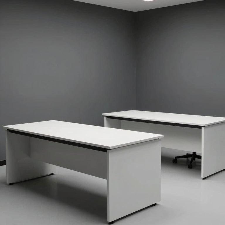 A minimalist commercial workspace with clean white desks and charcoal gray accents.