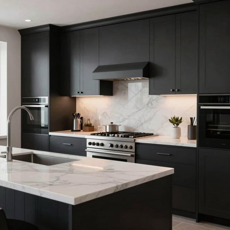 A luxury modern kitchen with matte black cabinetry and white marble countertops. North American / International style.