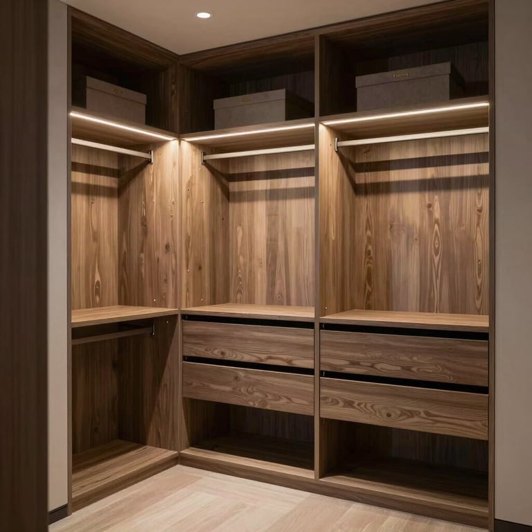 A custom designer closet with integrated lighting and sophisticated storage solutions.