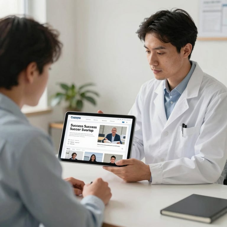 A property owner and a Cozyme scientist reviewing digital success cases on a large tablet in a bright, parchment-colored office.