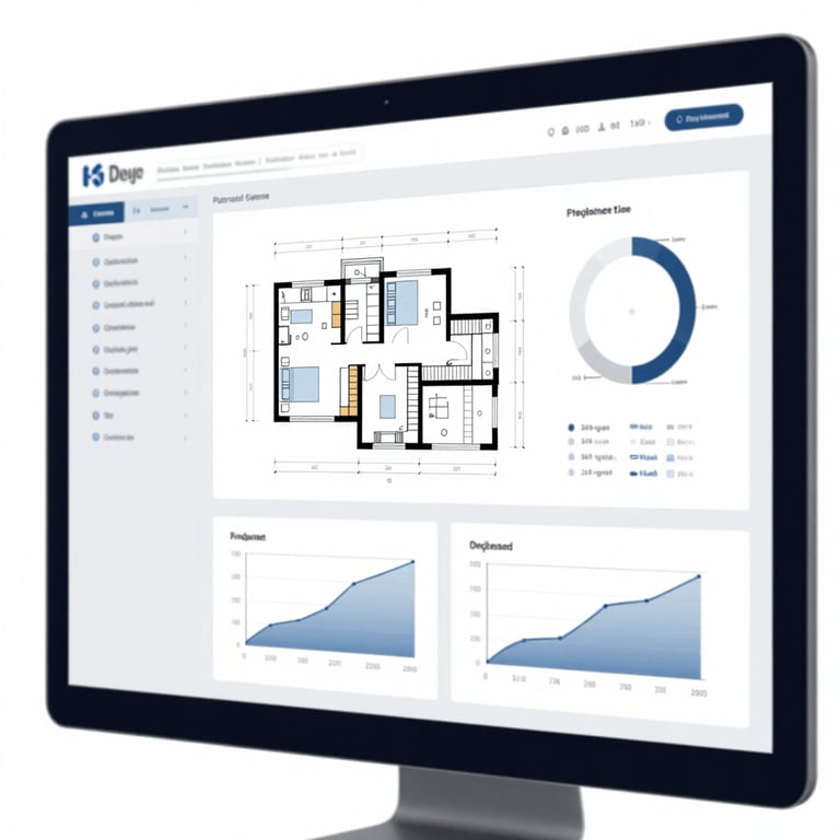 A set of professional architectural diagrams and data charts displayed on a high-resolution screen with Deep Gray (#2A363B) frames.