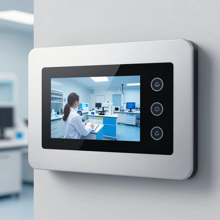 Close-up of a modern smart-home control panel reflecting a clean, innovative laboratory environment.