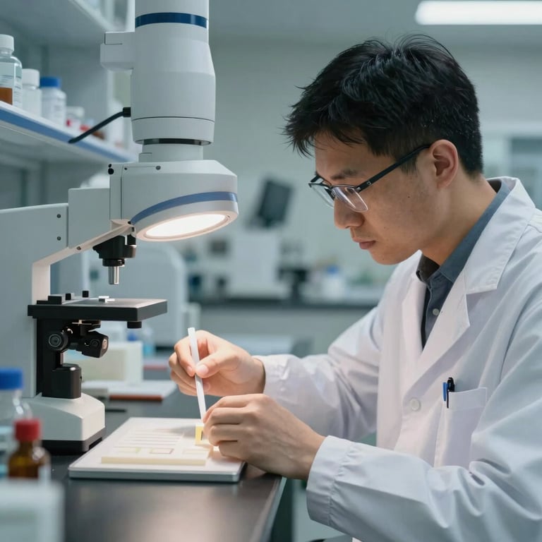 A laboratory technician analyzing structural materials under high-tech lighting, emphasizing scientific precision.