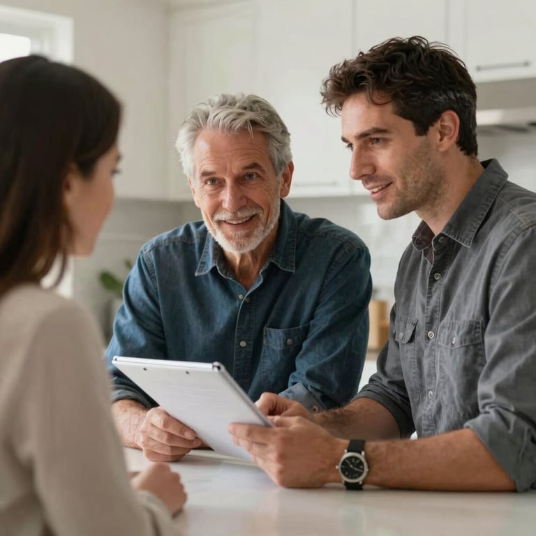 A professional HVAC expert explaining a service plan to a homeowner in a North American / US kitchen, both looking satisfied and informed.