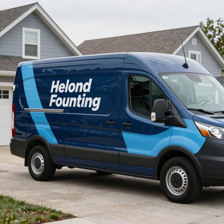 A professional service van parked in a North American / US suburban driveway, featuring deep midnight blue and light sky blue branding.