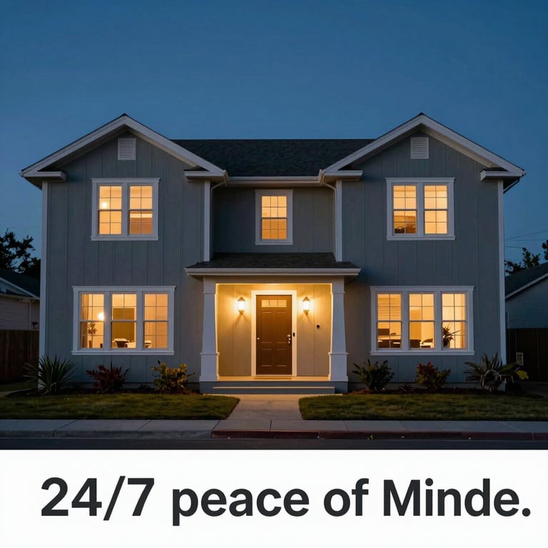 A nighttime view of a cozy North American / US home in Lemoore, CA, with soft warm light from the windows, representing 24/7 peace of mind.