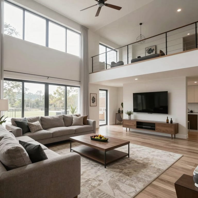 A wide-angle shot of a clean, modern North American / US living room with high ceilings, suggesting perfect climate control.