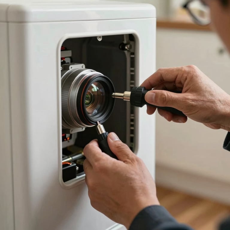 A close-up of a technician's hands using professional tools to adjust a furnace in a North American / US home, focused and precise.