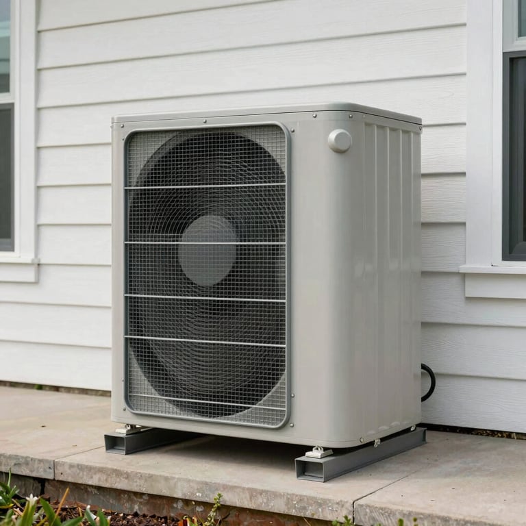 A high-efficiency outdoor HVAC unit installed neatly against a soft white exterior wall of a North American / US house.