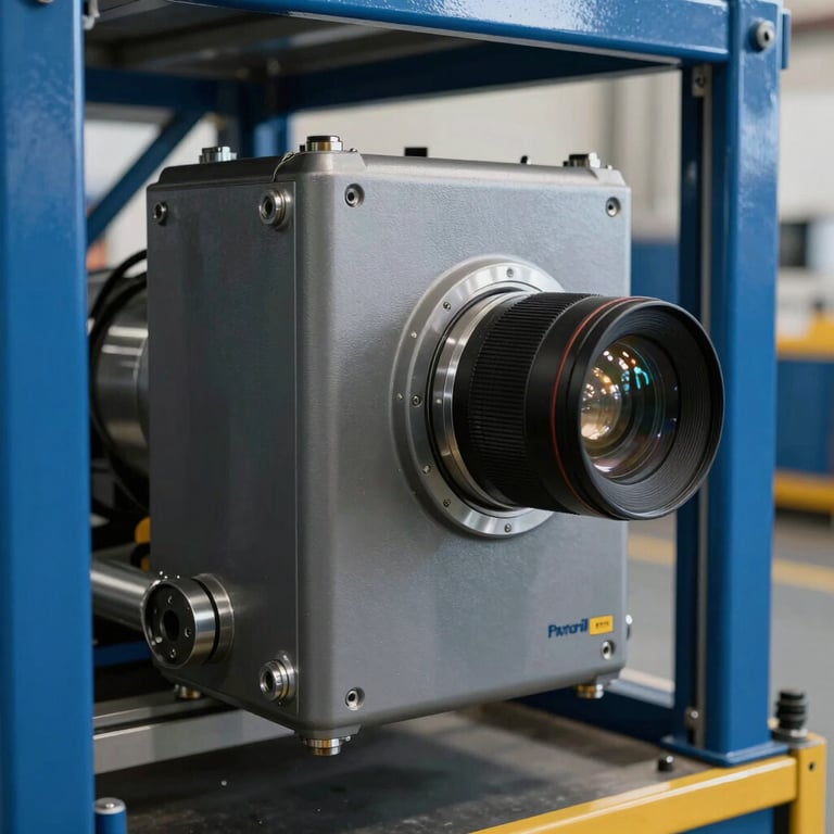 The precision-engineered drive unit of an automated hanger system in metallic gray and deep blue colors.