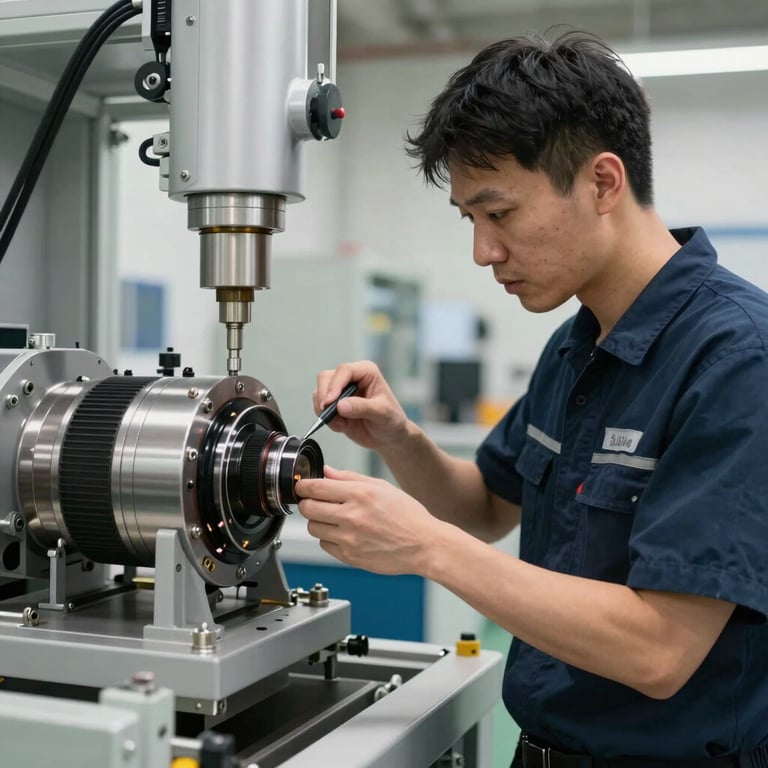 A technician in professional industrial attire inspecting a mechanical component of a high-tech hanger system.