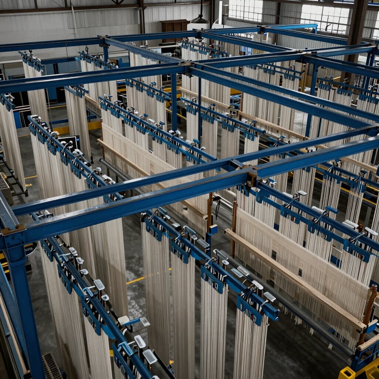 Overhead view of complex blue hanger rail intersections in a modern South American textile plant.