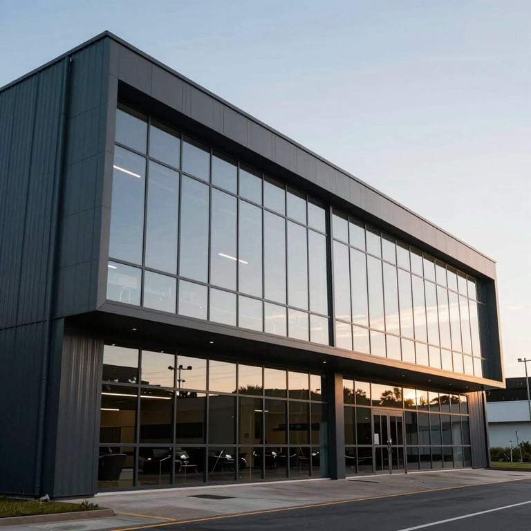 The exterior of a modern, sleek industrial facility with large glass windows in Santa Catarina.