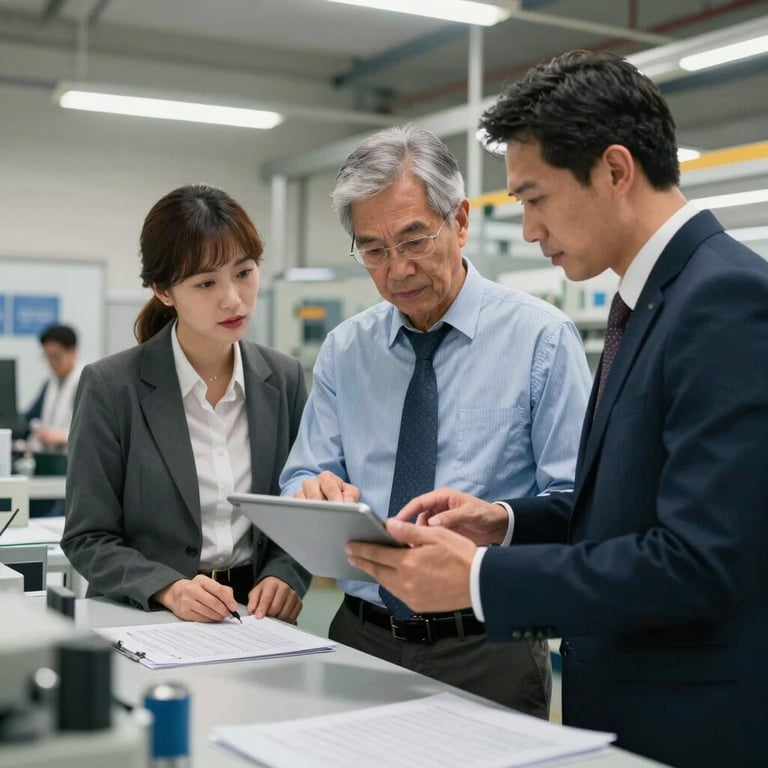 Group of factory managers discussing production plans over a digital tablet in a well-lit textile plant.