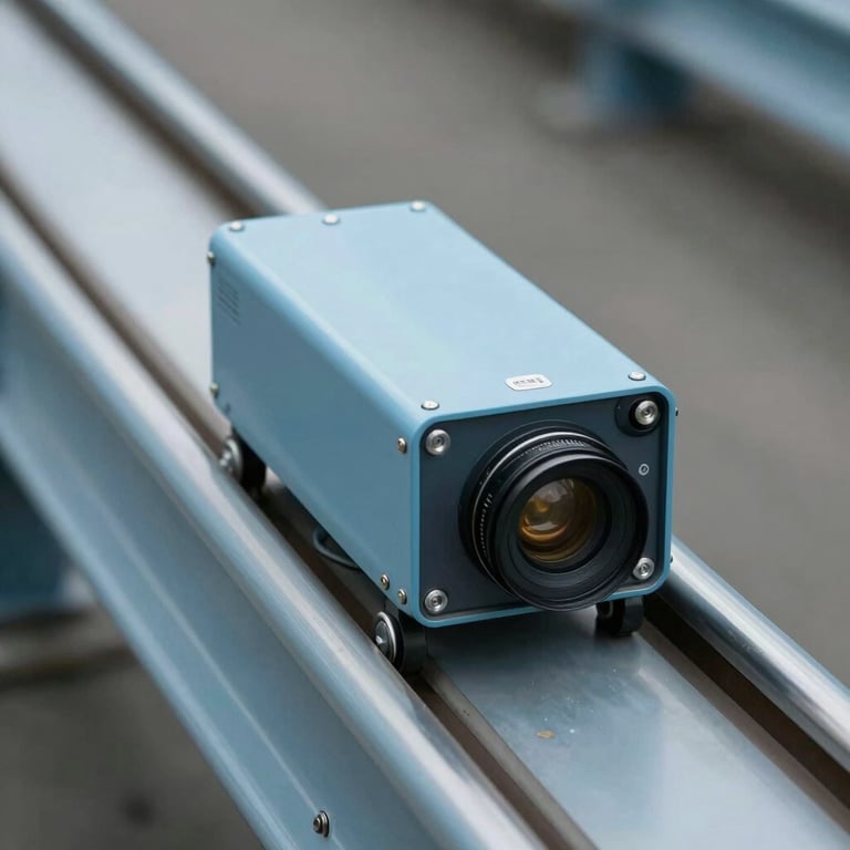 Close-up of a garment carrier unit gliding along a smooth light blue metal track.