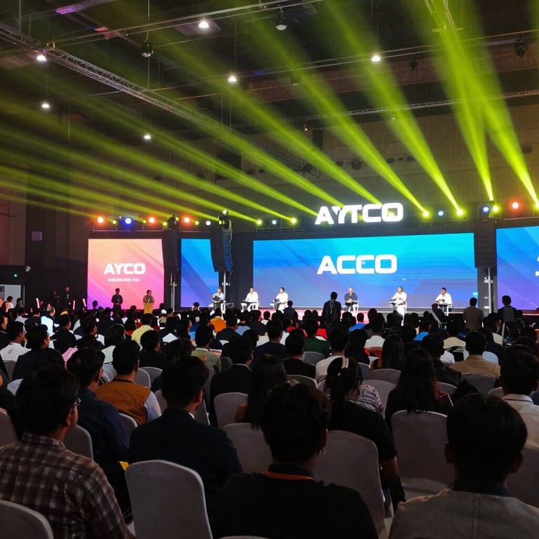 Wide environmental shot of a packed tech conference in Bangalore, bright colorful stage lighting, dynamic perspective