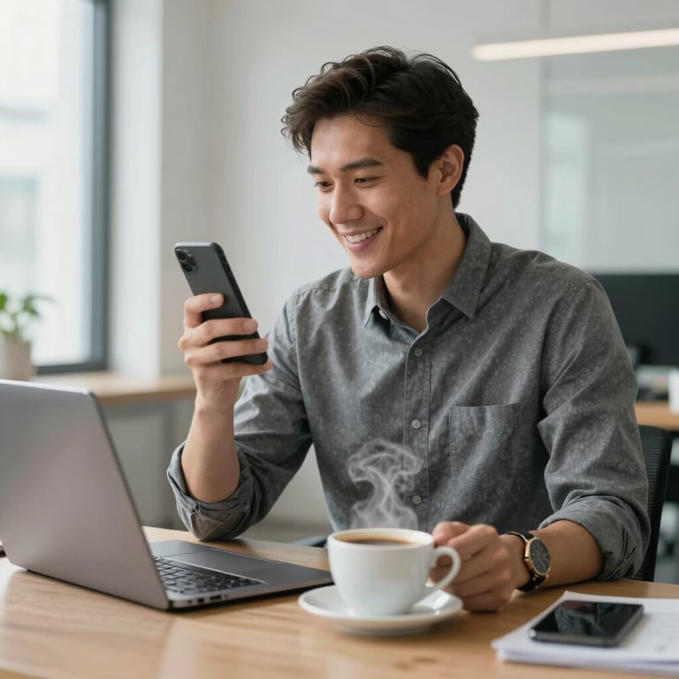 A social media strategist at a desk with a laptop and a steaming cup of coffee in a bright office.