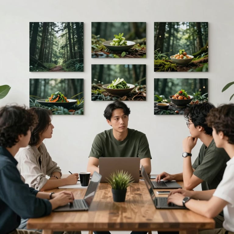 A creative team meeting in a studio with mood boards featuring food photography and forest green accents.