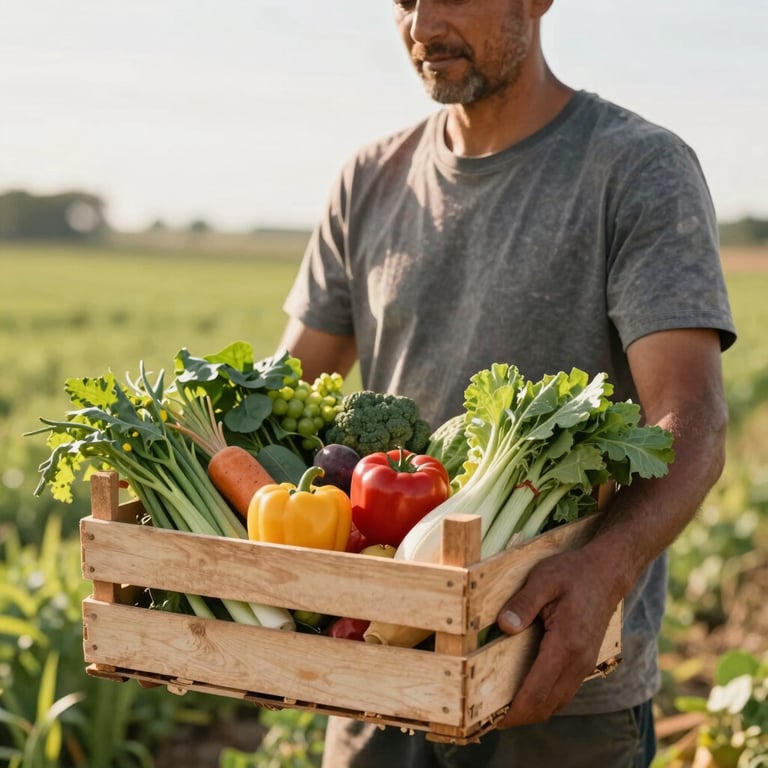 A farmer holding a wooden crate of fresh harvest in a sun-drenched field.