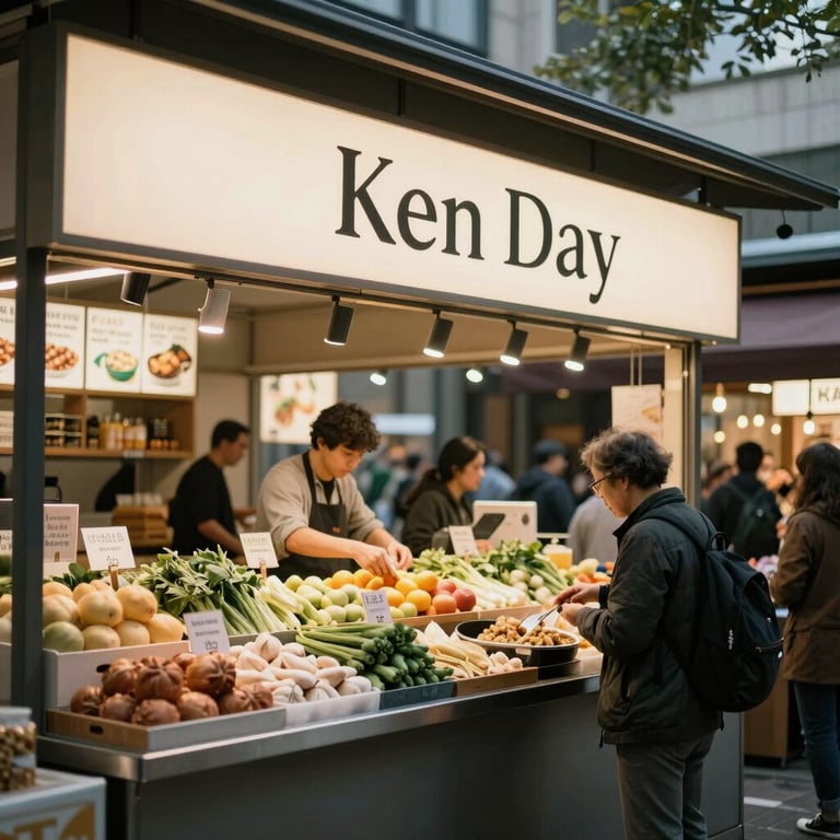 A bustling modern food market stall with elegant signage and shoppers in the background.
