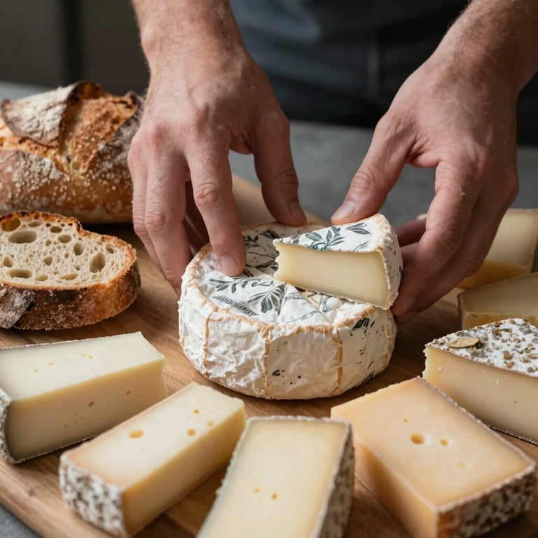 A close-up of hands arranging a flat-lay of artisanal cheeses and crusty bread for a photoshoot.