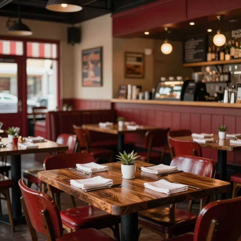 A warm, inviting North American bistro interior with dark wood tables and crimson accents.