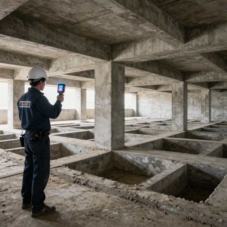 Wide panoramic 21:9 frame of an exposed basement concrete foundation, an inspector in clean branded gear using a thermal imaging camera positioned to the left third, bright revealing lighting, sharp focus on structural details.