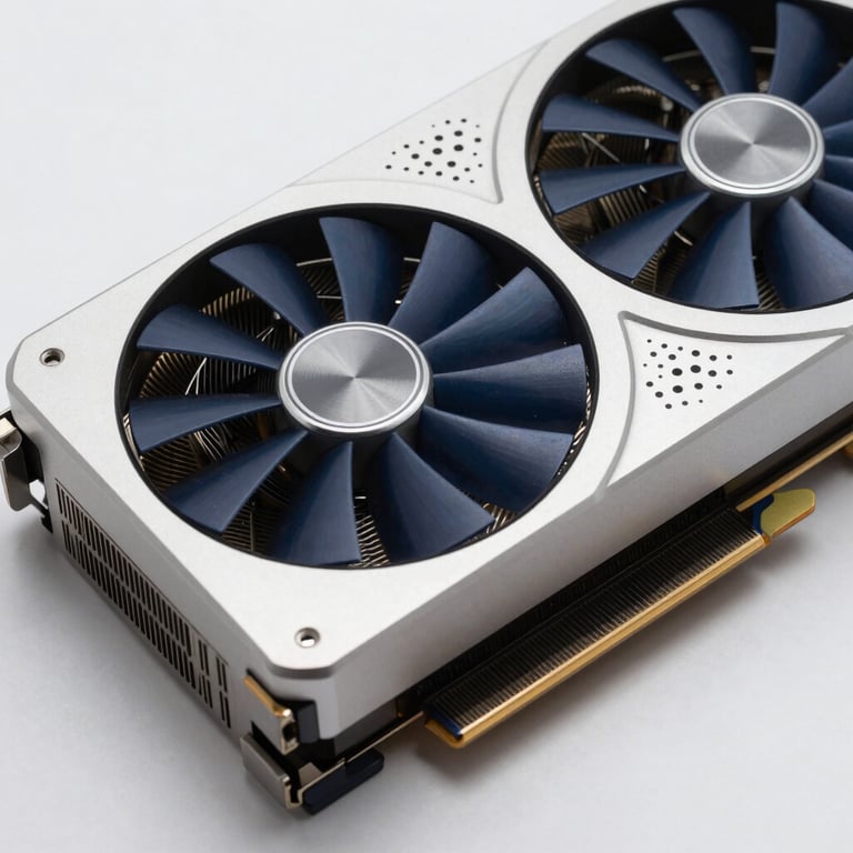 Macro photography of a high-performance graphics card with metallic silver accents and dark blue cooling fans.