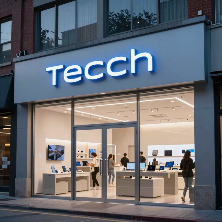The exterior of a modern tech retail shop in a North American urban street at dusk, with professional blue signage.