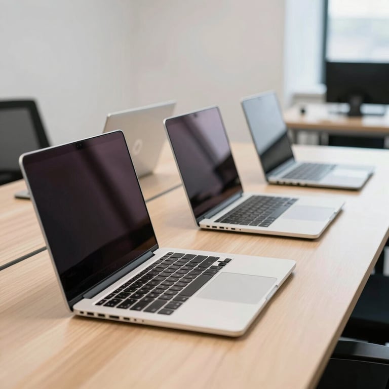 A line of professional business laptops displayed on a clean, light-colored wooden table in a brightly lit room.