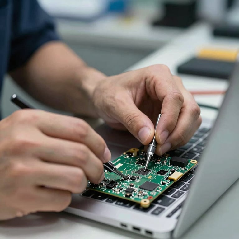 Close-up of a technician's hands using precision tools to repair a sleek laptop motherboard in a professional US service center.
