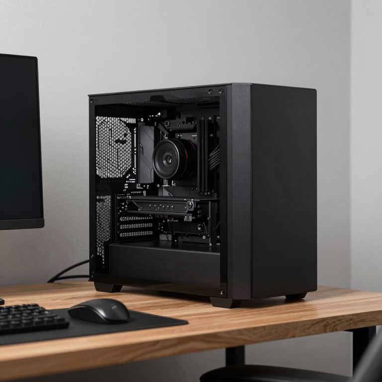 A minimalist North American home office setup featuring a custom-built desktop PC with a clear side panel.