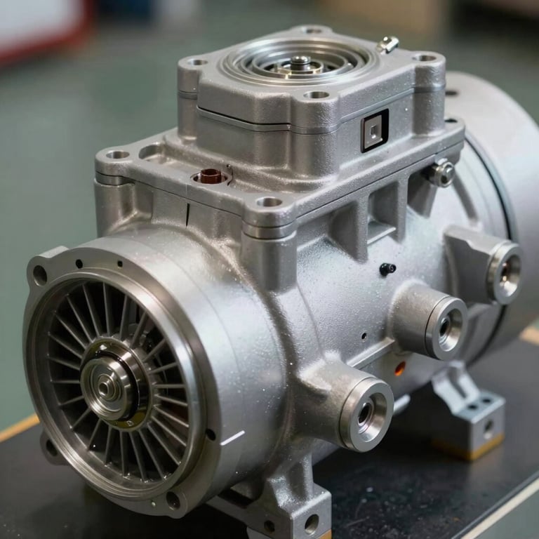 Close-up of a high-efficiency AC compressor unit showing the clean, silver metal components.