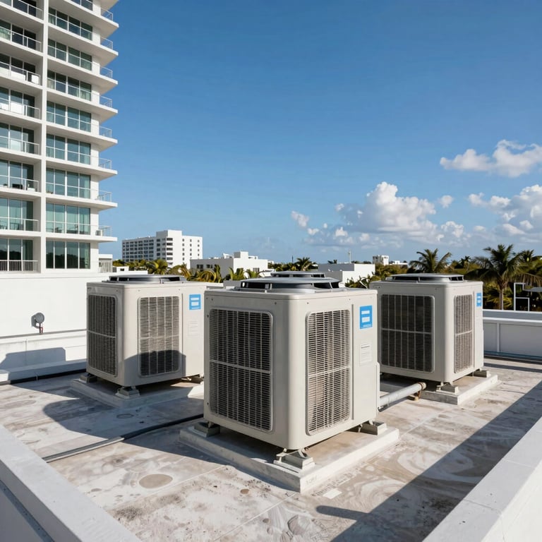 A wide shot of a modern Miami residential building with professional HVAC units installed on the roof under a clear blue sky.