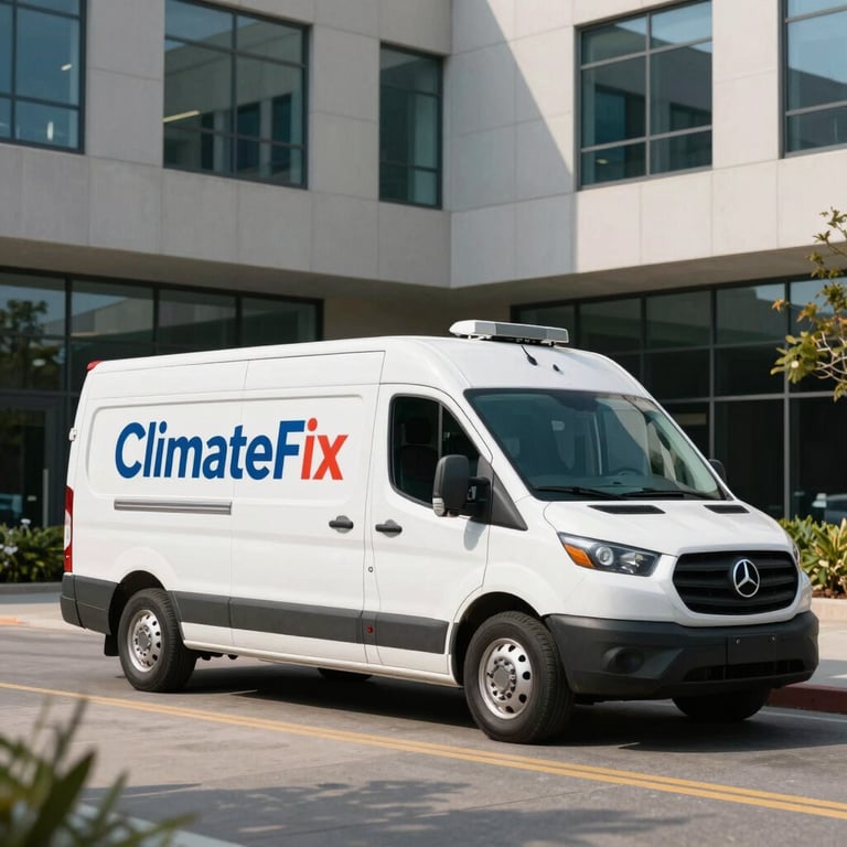 A ClimateFix service vehicle parked neatly in front of a modern North American office building.
