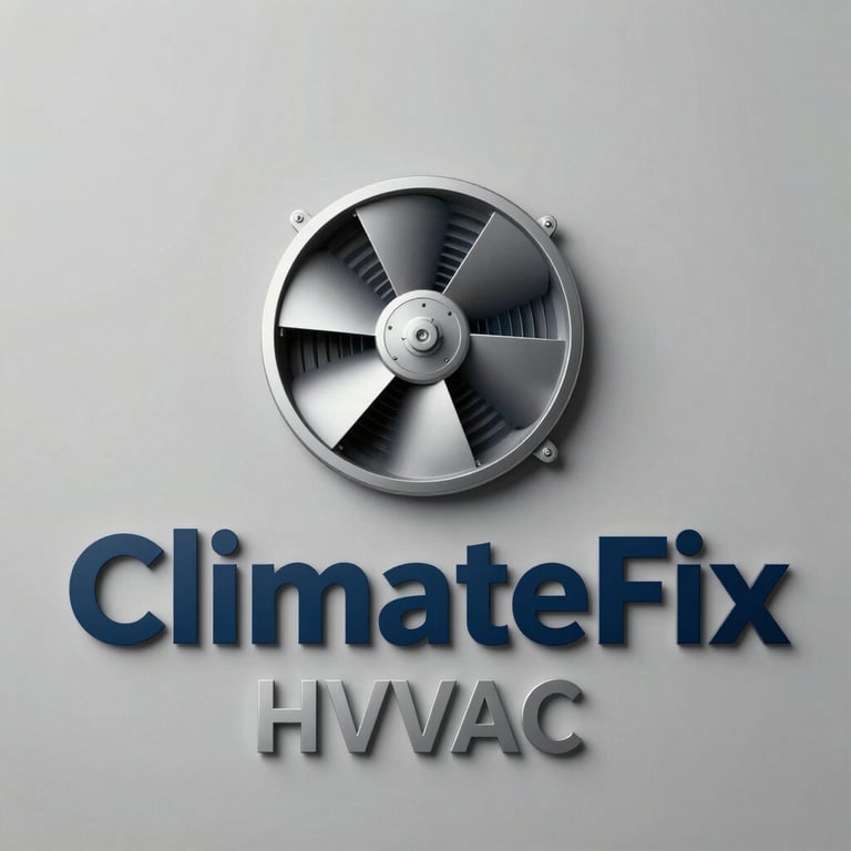 A sleek, professional logo for ClimateFix HVAC, featuring a stylized industrial cooling fan icon and bold technical typography in dark blue and silver tones.