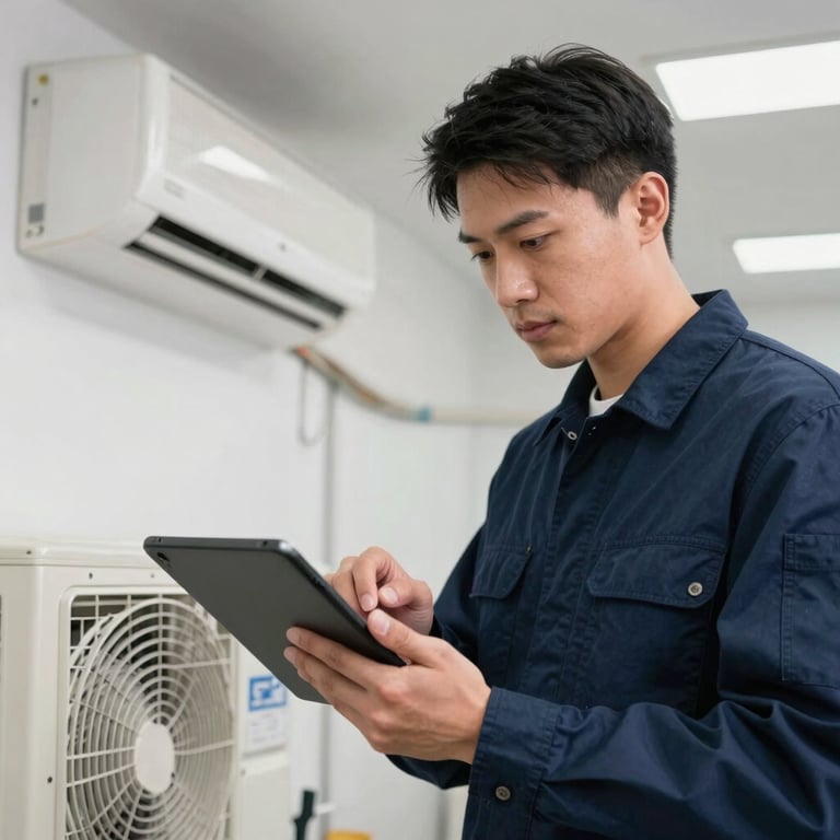 A North American HVAC technician in a professional navy uniform using a technical tablet to diagnose an AC system.