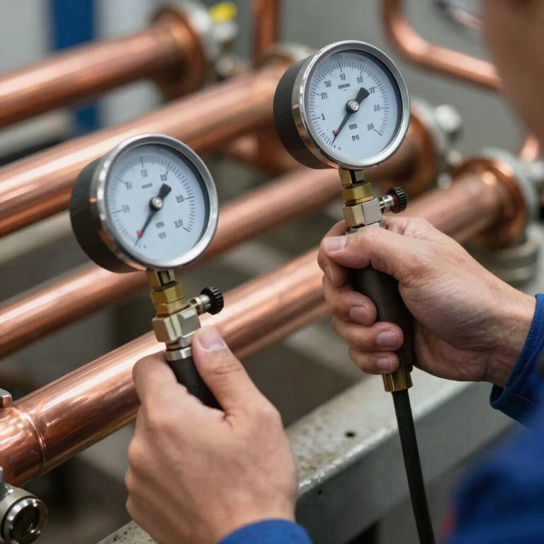 A technician's hands using professional pressure gauges on copper refrigeration lines.