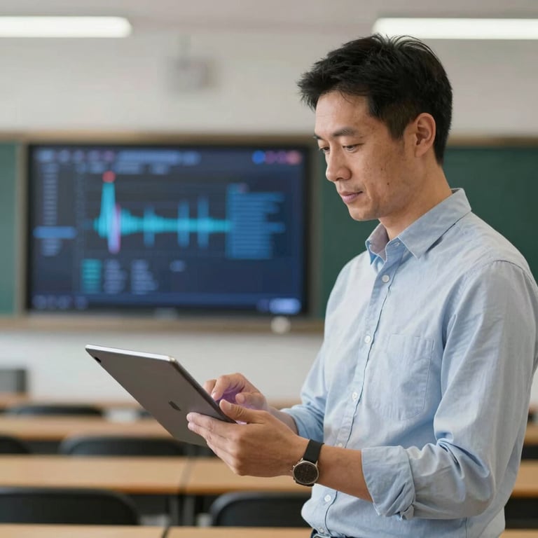 A university professor using a high-tech wireless tablet to control the room lighting and AV systems.