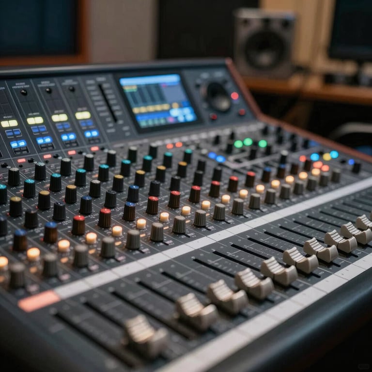 High-end digital audio mixing console with illuminated faders in a modern acoustic studio.
