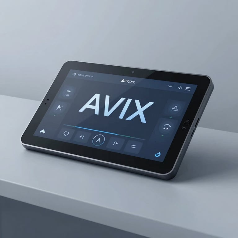 A minimalist control interface on a touch panel with the AVIX corporate blue-gray color palette.