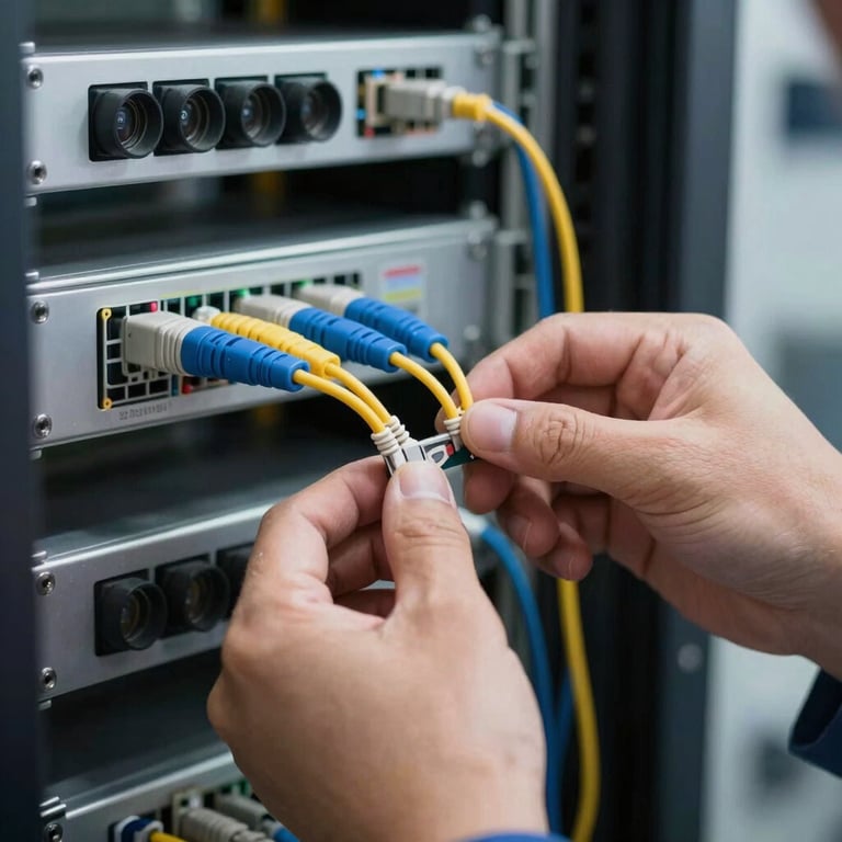 A technician's hand adjusting a high-speed fiber optic connection in a network rack.