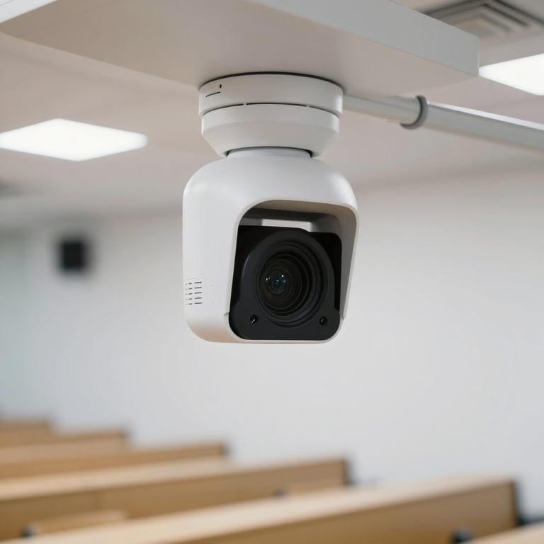 Detailed view of a professional PTZ camera mounted in a modern, white-walled lecture hall.