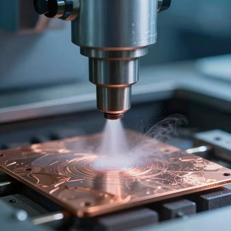 Macro shot of a chemical etching machine spray nozzle in action, acid mist spraying onto a copper sheet, industrial blue lighting