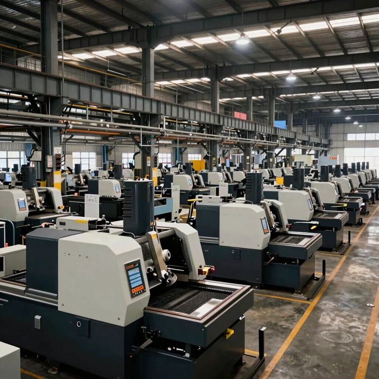 Wide-angle environmental shot of a massive industrial spring manufacturing factory floor in Tangerang, rows of CNC machines, high-contrast industrial lighting, raw steel tones