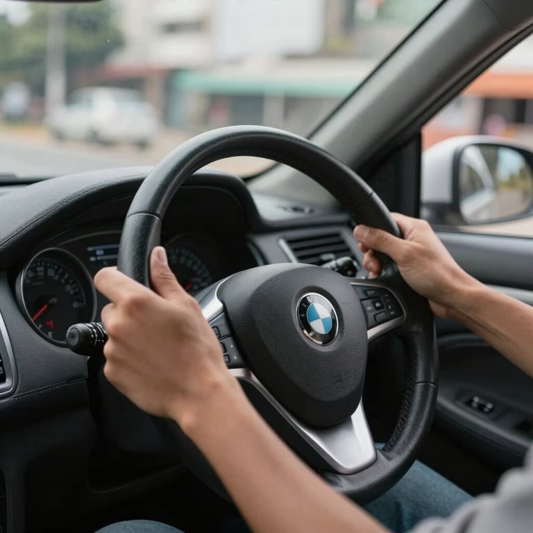 Close-up of a driver's hands on a steering wheel, focused on an urban road in a South American city.