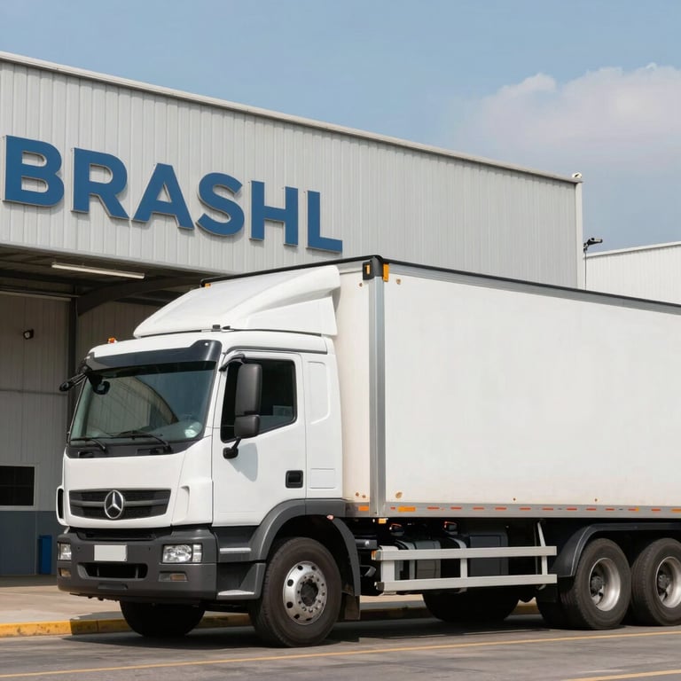 A clean cargo truck parked in front of a modern Brazilian logistics warehouse under a clear sky.